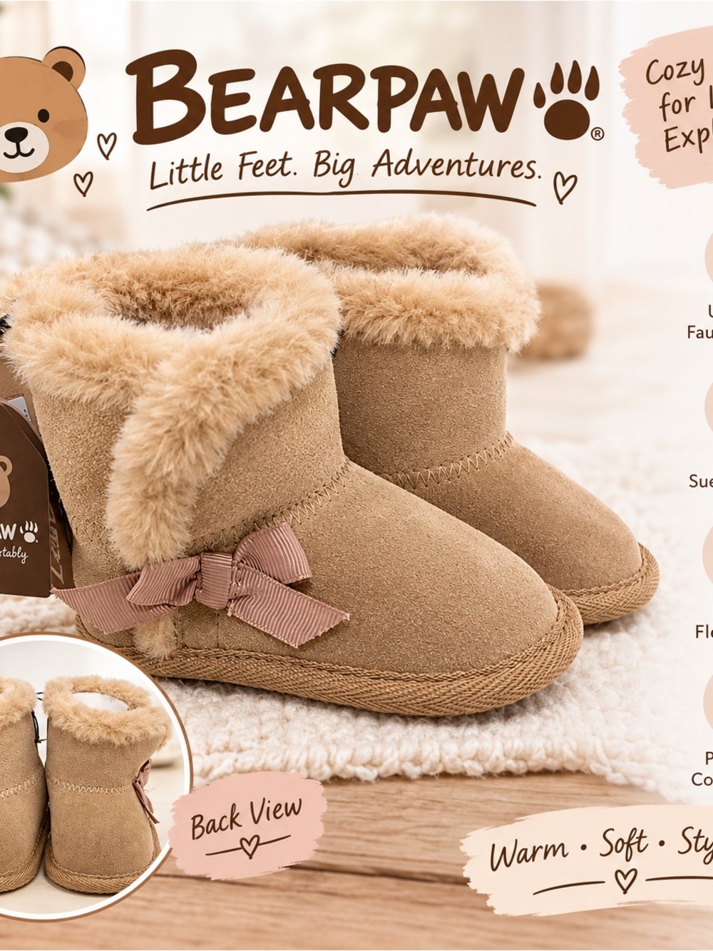 BearPaw Kids Tan Faux-Fur Bow Booties